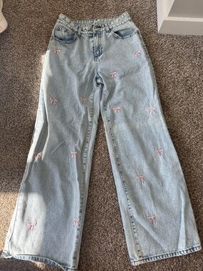 Forever 21 Light Wash Wide-Leg Jeans with Pink Bow Accents